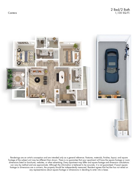 Floor plan for 2 beds, 2 baths, 1130 sqft